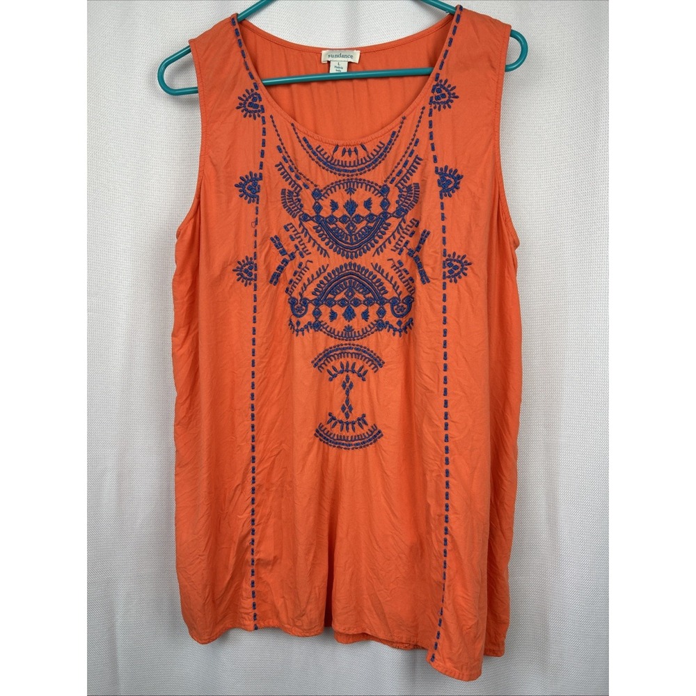 Sundance Orange Coral & Blue Embroidered Lightweight Boho Mosaic Blouse Large